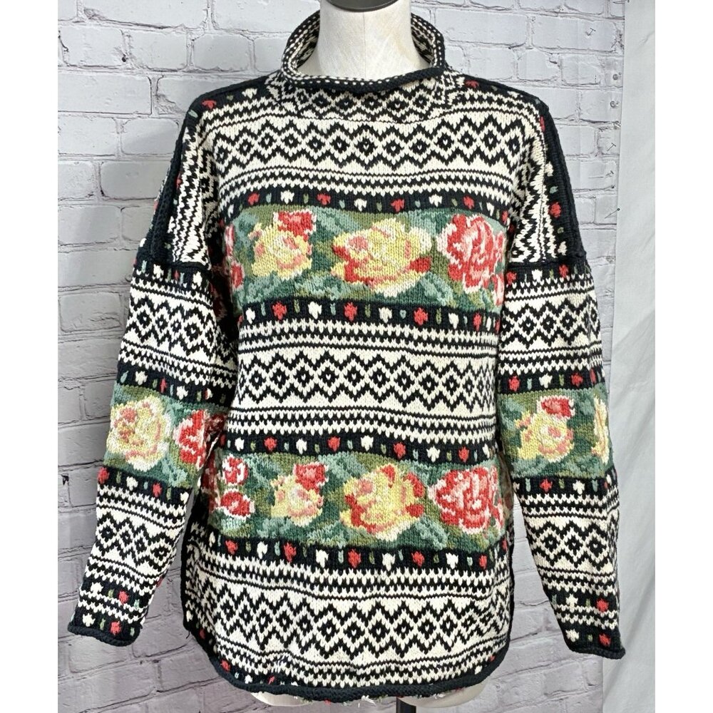 Vtg 90’s Dark Floral Oversized Y2K Chunky Heavy Pullover Knit Sweater Sz M